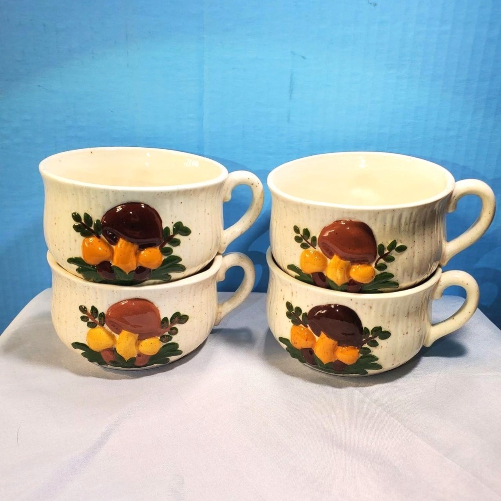 VTG 1970s Arnels Merry Mushroom Soup Mugs Set‎ of 4 MCM Ceramic PAS Large Mugs